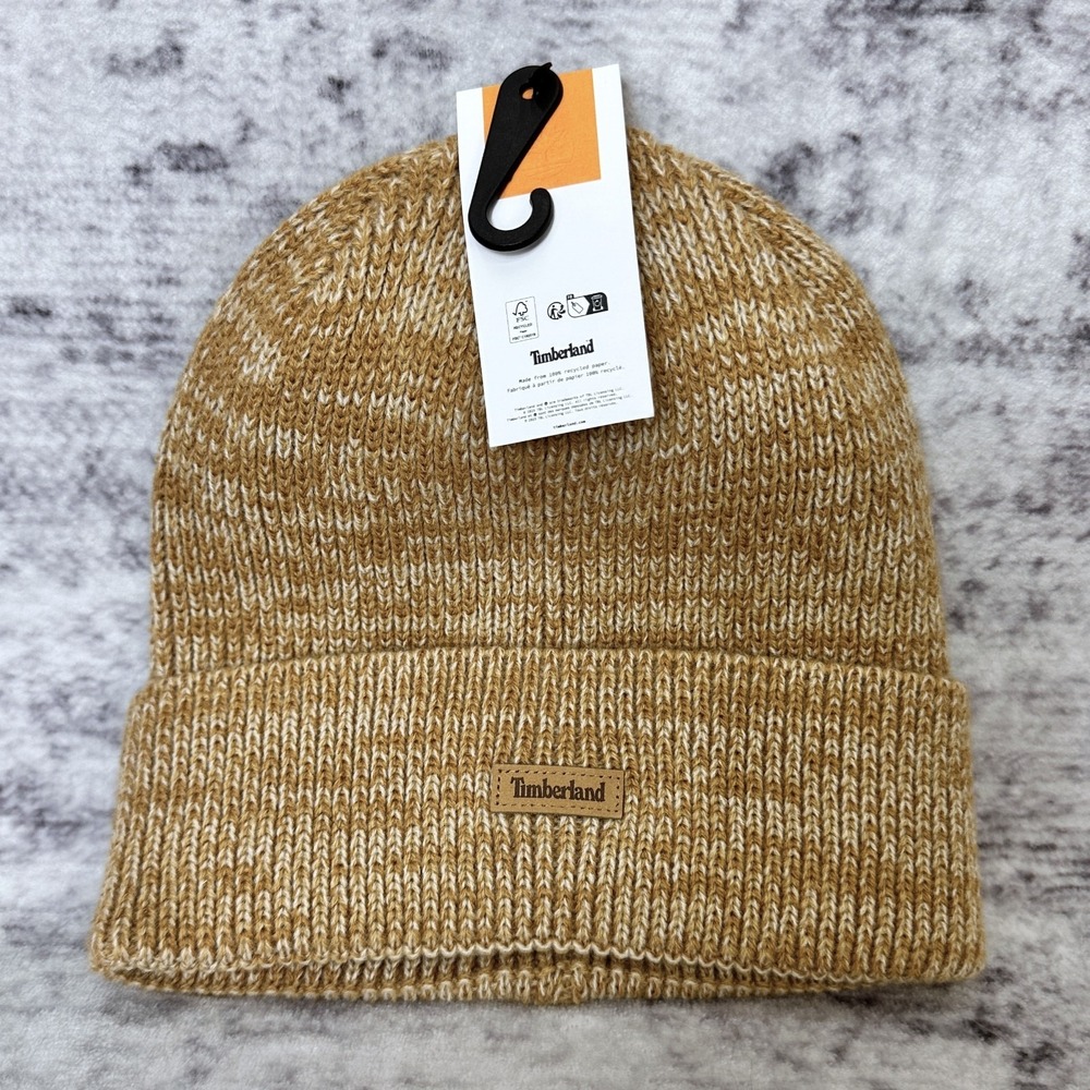 NWT‎ Timberland Leather Patch Cuffed Beanie Hat One Size Tan Wheat Marled Knit